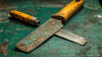 A close-up of a saw and file on a green background 