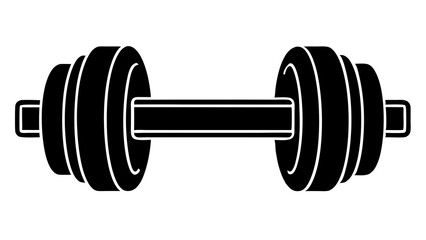 A black and white vector illustration of a dumbbell, shown in a simple, flat style
