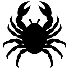 A black silhouette of a crab, shown from above, with large claws and multiple legs 