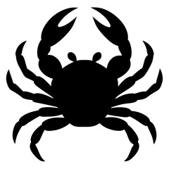A black silhouette of a crab, shown from above, with large claws and multiple legs 