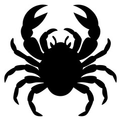 A black silhouette of a crab, shown from above, with large claws and multiple legs 