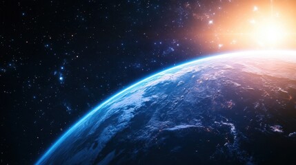 Obraz premium A Stunning View of Earth from Space with Bright Sunrise Glowing in Background, Emphasizing Nature’s Beauty and Wonder.