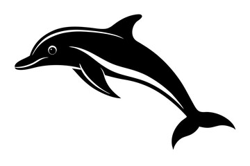 A black silhouette of a dolphin leaping, shown in profile, with a streamlined body and a playful, dynamic shape