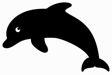 A black silhouette of a dolphin leaping, shown in profile, with a streamlined body and a playful, dynamic shape
