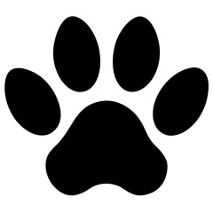 A black silhouette of a paw print, shown in a simple, flat style