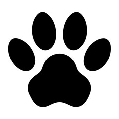 A black silhouette of a paw print, shown in a simple, flat style