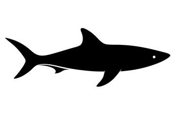 A black silhouette of a shark, shown in profile, with a streamlined body, pointed snout, and prominent dorsal fin