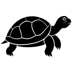 A black silhouette of a turtle, shown in profile, with a smooth shell and short legs