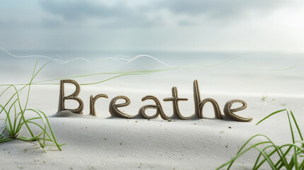 Gentle reminder to breathe surrounded by soft sand and green grass on a serene beach day at dawn