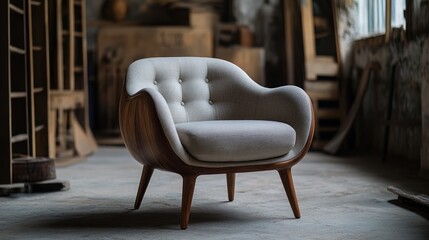 Modern, comfortable armchair with light beige upholstery and wooden legs