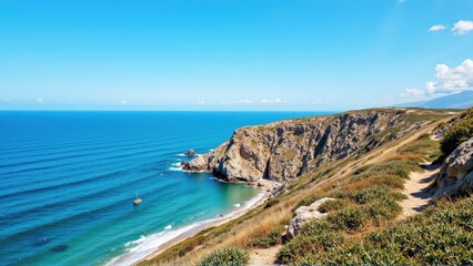 coastal cliff ocean photogenic. Vibrant coastline featuring cliffs, turquoise waters, and gentle waves under a bright blue sky.
