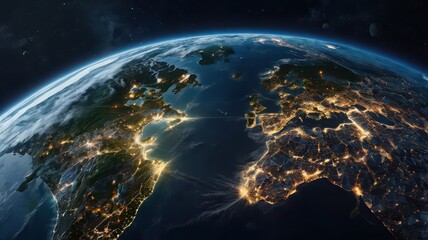Obraz premium Earth from space at night showing city lights and cloud cover over continents and oceans view