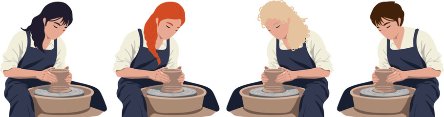 people making pottery on wheel isolated vector set, diverse men and women ceramic artists creating clay vases in apron, handcrafting process for workshop design