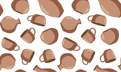 seamless vector pattern of terracotta pottery on white background, repeating design with jugs and mugs, rustic ceramic texture pottery workshop backgrounds textile