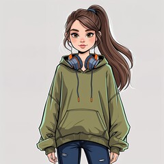 A stylish girl in a hoodie and headphones in a minimalist style. The art series is a family of "Adventurers", the eldest child is a girl  who is passionate about gadgets