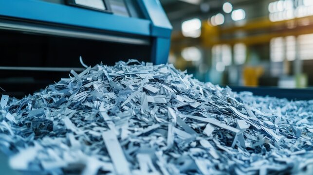Shredded paper waste overflowing from industrial paper shredder