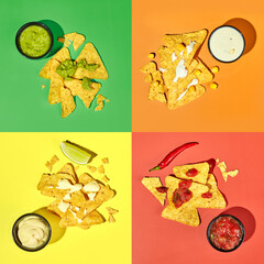 Set of different sauces - salsa, ranch guacamole and cheese with nachos corn chips on multicolored background.