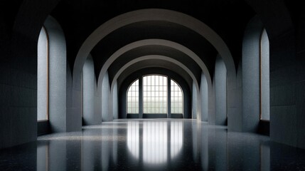 Long, arched corridor with a large window in the center. the corridor is made of concrete and has a black floor.