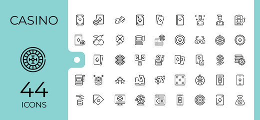 Casino icon collection. Pack of gamble, dice, ace, card, jackpot, bet and more. Sign and Symbol. Gambling icon set. Vector illustration in modern line style.