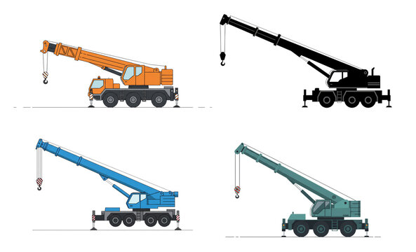 Stylized flat graphic art of minimalist mobile cranes with telescopic booms extended
