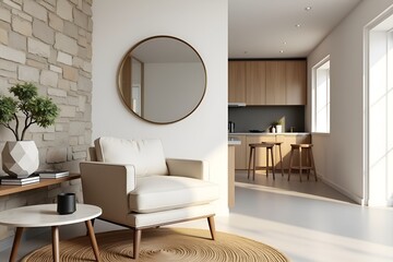 Modern Minimalist Living Room Interior with Natural Textures and Cream Armchair