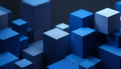 Abstract arrangement of blue geometric shapes creating a visually striking composition in a dark setting