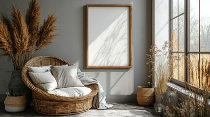 Interior with chair frame window pampas grass pillows and blank picture frame.