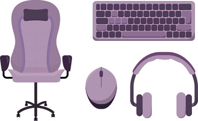 Purple gaming set up gaming chair, keyboard, mouse and headset headphones vector 