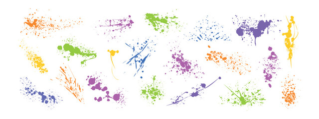 Colored spray paint drips, splatters or inky blots vector set. Dirty splashes, graffiti speckles and inkblot spots. Paintbrush splotches, ink drops or liquid blobs. Abstract grunge splash stains