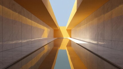 Obraz premium Empty room with a long, narrow corridor. the walls on either side of the corridor are made of beige tiles, and the floor is made of concrete.