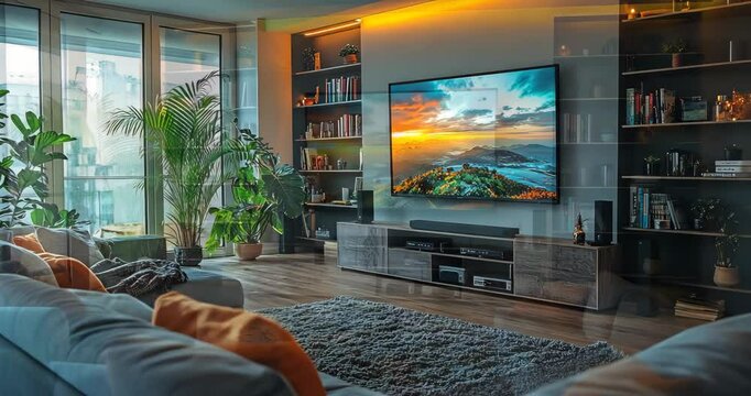 A cozy living room with a large TV and comfortable seating.