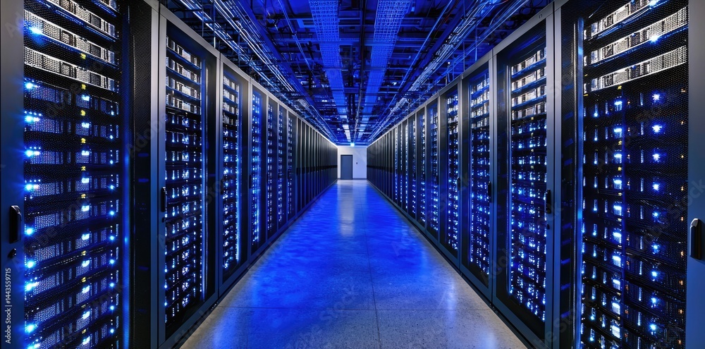 Poster symmetrical hallway of glowing blue servers in a high-tech facility with reflective floors and struc