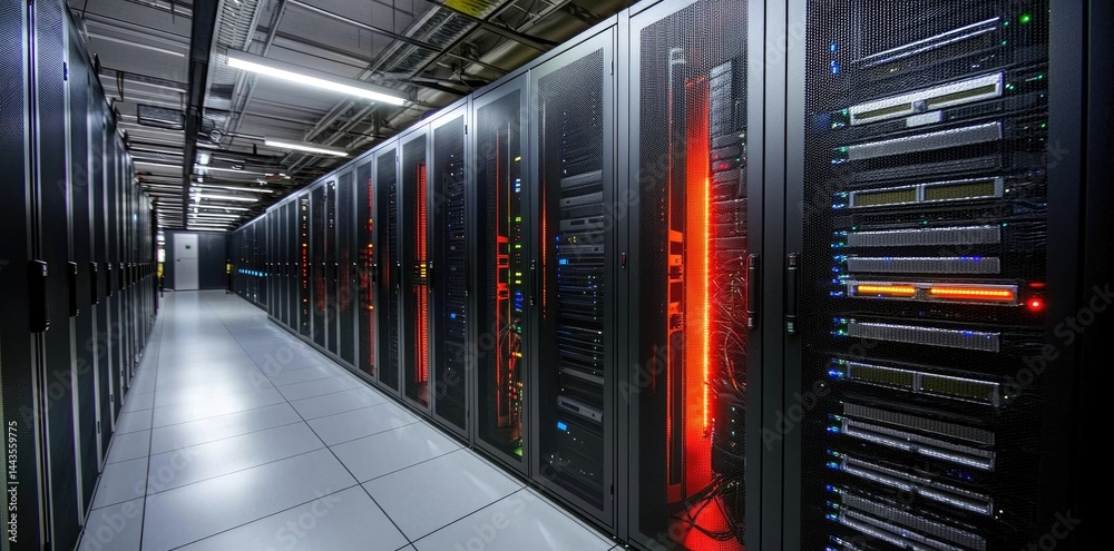 Poster modern data center corridor with glowing red and blue server lights, organized black server racks, a