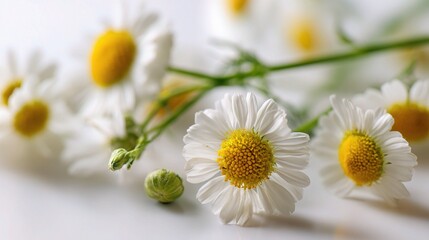 Obraz premium Delicate White Daisy Flowers with Bright Yellow Centers in Focus