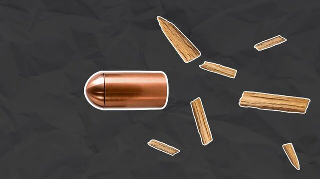 A copper bullet flies to the edge, slowing down, and wooden chips fly behind it. Ballistics concept. Empty space for text. Stop motion animation on black paper background