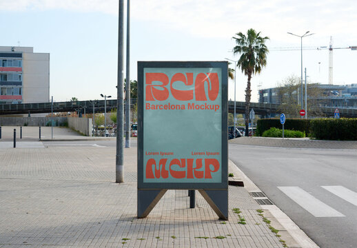 Kiosk panel or bus shelter designed for outdoor advertising in Barcelona.