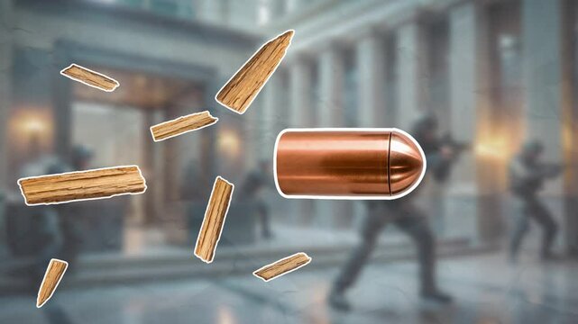A copper bullet flies to the edge, slowing down, and wooden chips fly behind it. Ballistics concept. Empty space for text.