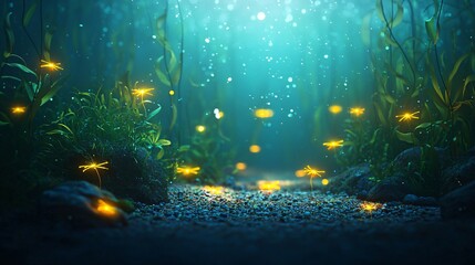 Fototapeta premium Magical forest with glowing lights creating a mesmerizing twilight scene filled with wonder and beauty in a subaquatic setting