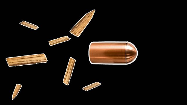 A copper bullet flies to the edge, slowing down, and wooden chips fly behind it. Ballistics concept. Empty space for text.
