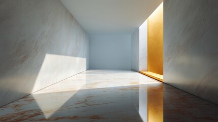 Obraz premium Empty room with a marble floor and white walls. the room has a high ceiling with a skylight, allowing natural light to enter the space.
