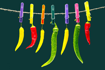 peppers hanging on clothespins. Vegetable vitamin food. Colored hot chili