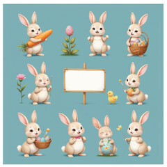 Cute cartoon bunnies engaged in Easter-themed activities like painting eggs, holding carrots, and carrying baskets, arranged around a blank wooden sign on a teal background.