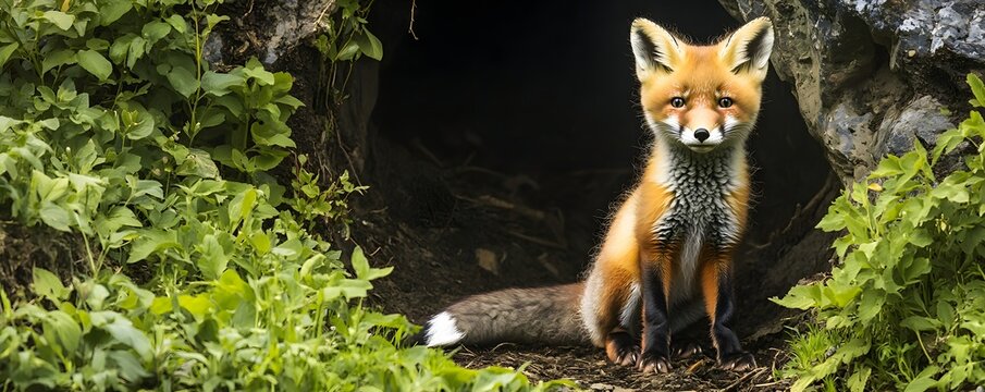 Adorable red fox kit poses near its den entrance