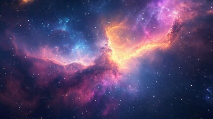 Obraz premium Stunning cosmic nebula glowing in hues of purple, blue, and orange among shining stars in the vast universe.
