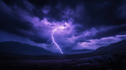 Dramatic lightning strikes in a purple sky above dark mountains during a storm. Nature shows its power in this stunning scene.
