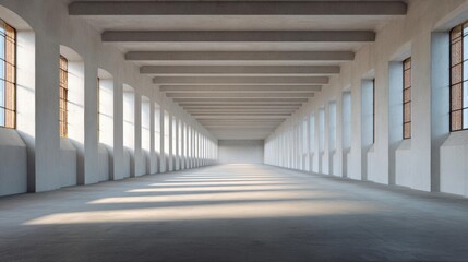 Empty room with a long, straight corridor. the floor is made of concrete and the walls are painted white. the corridor has a high ceiling with a skylight that allows natural light to enter the space.