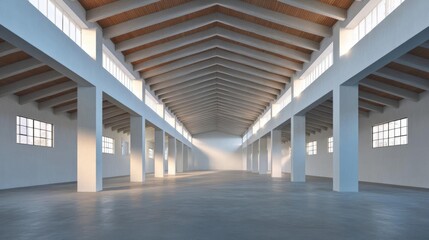 Empty room with a high ceiling made of wooden beams. the floor is made of concrete and the walls are painted white. the room has large windows on both sides, allowing natural light to enter the space.