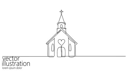 Single continuous line church drawing. Illustration features steeple, cross, heart above door. Wedding invitations, religious events, graphic design. Line art, white background