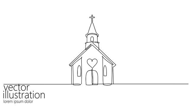Single continuous line church drawing. Illustration features steeple, cross, heart above door. Wedding invitations, religious events, graphic design. Line art, white background