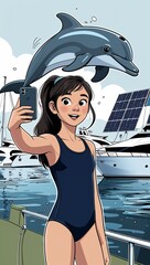 Girl taking selfie with dolphin at marina . The series of drawings is dedicated to the family of "Adventurers". A girl in a swimsuit takes a selfie with a dolphin, marina with yachts in the background